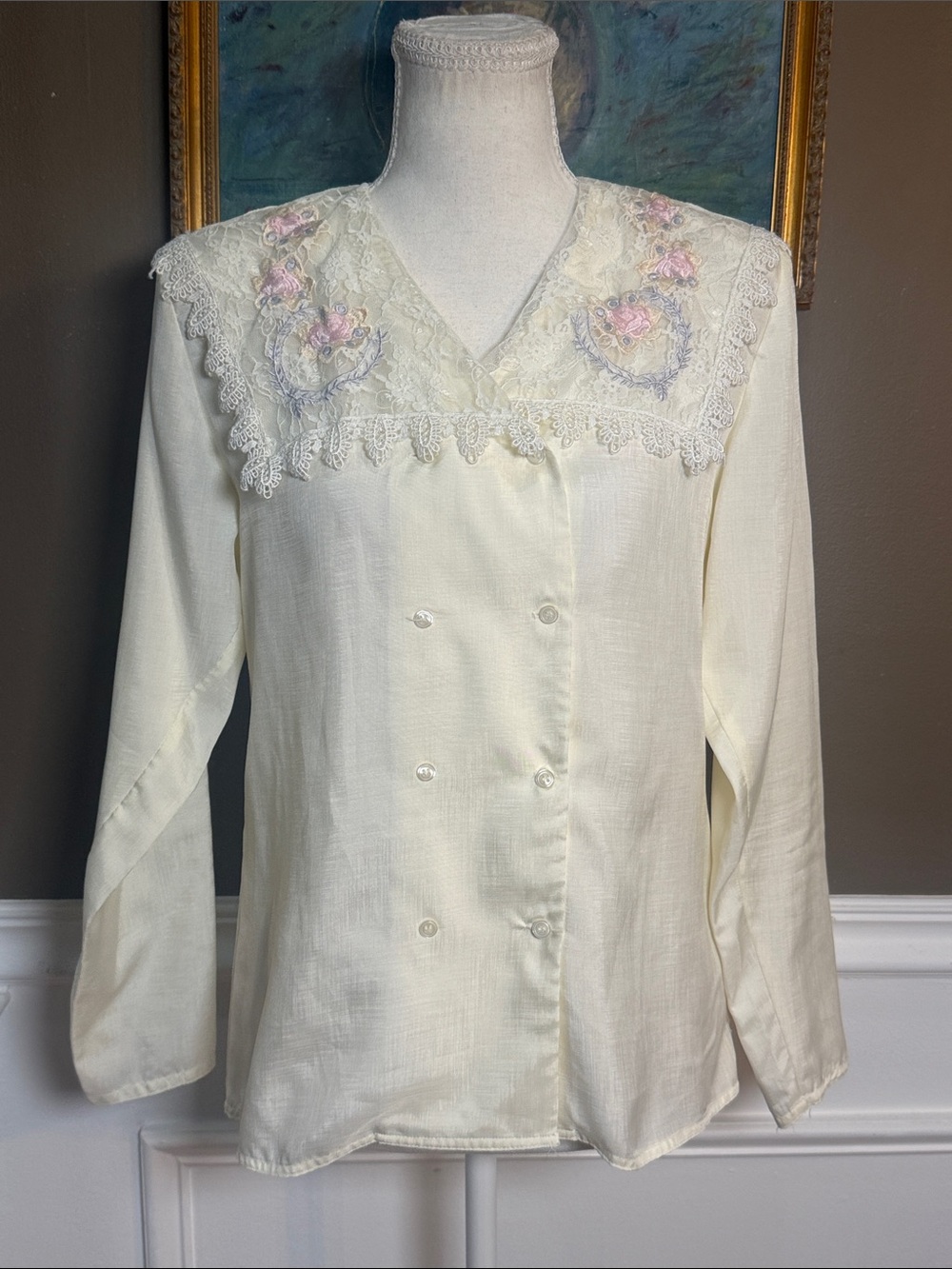 Vintage Nicola Size 6 Lace Embroidered Collar Double Breasted Blouse